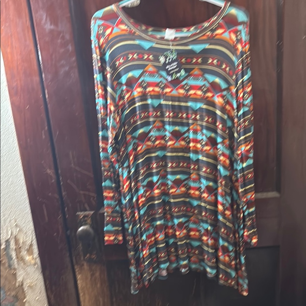 Green and Orange Long Sleeve Tunic Dress with Relaxed Fit